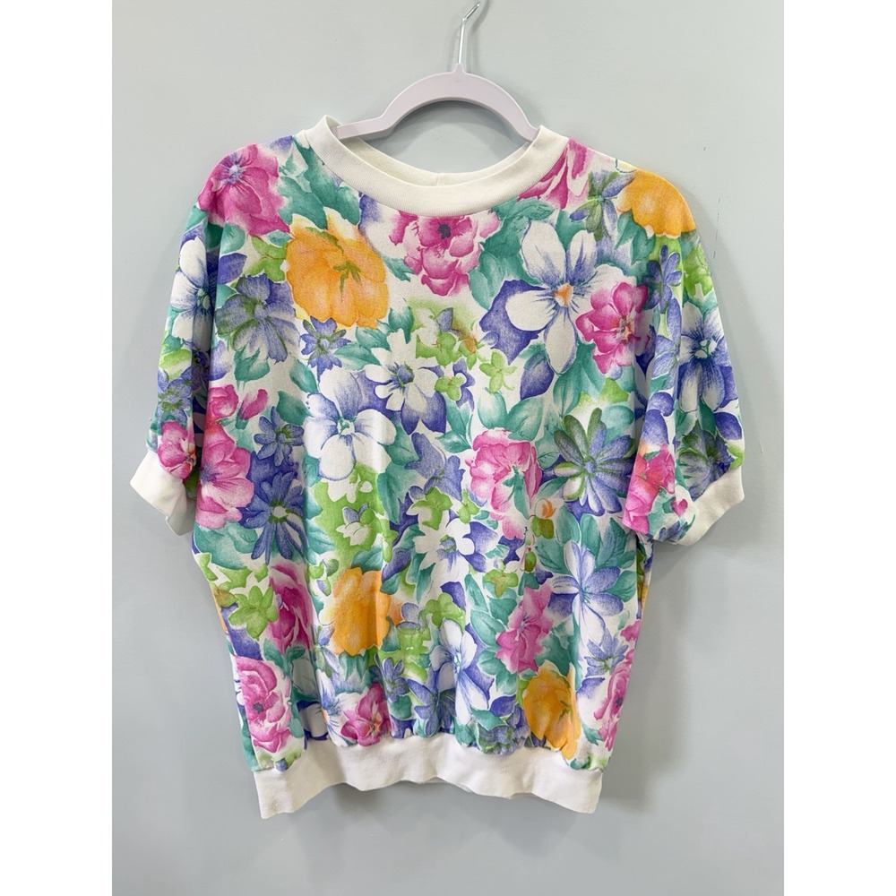Vintage Floral Granny Sweatshirt Oversized Multicolor Crewneck Pullover L Retro